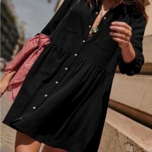 Sezane Black Button Front Long Sleeve Mini Dress